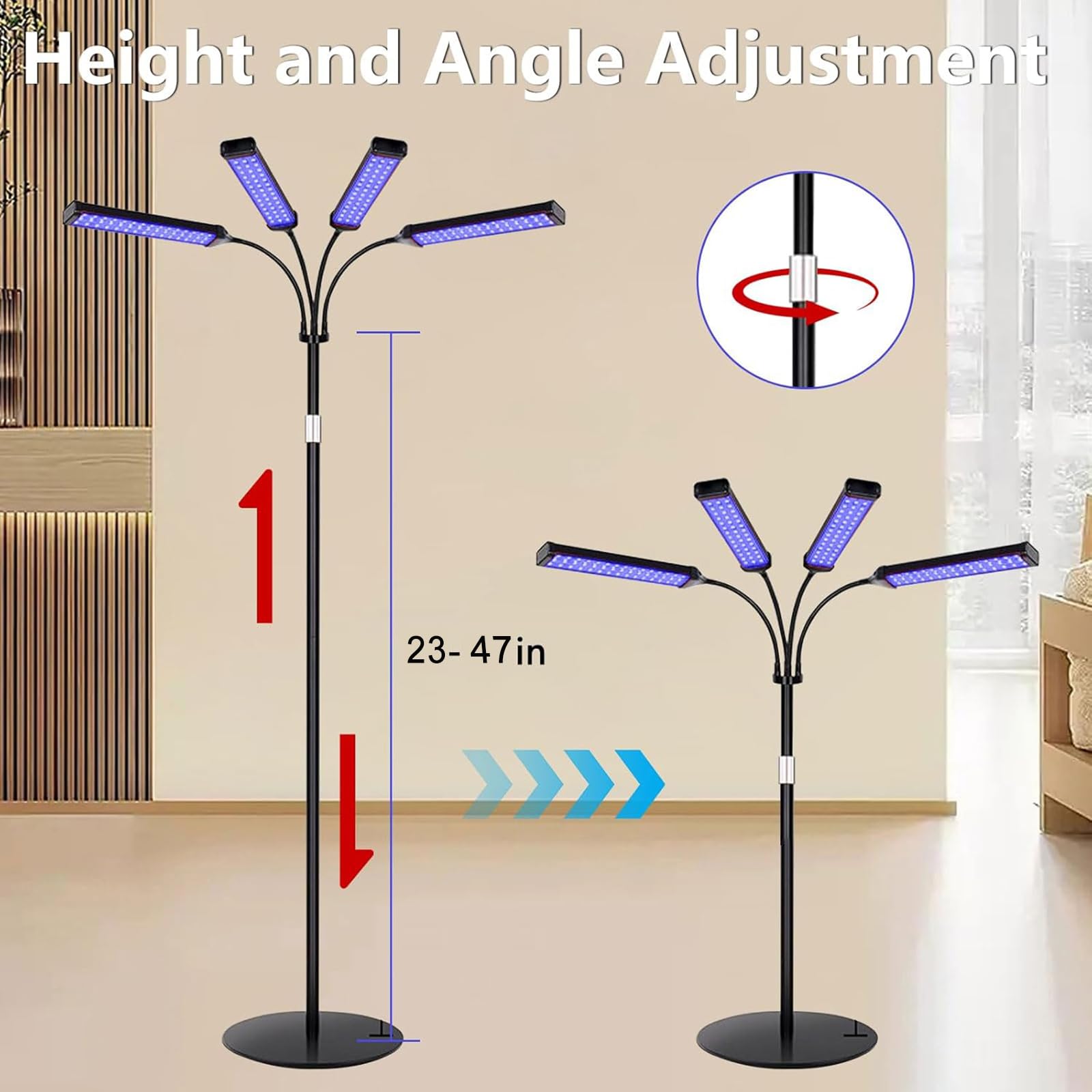 4-głowicowa lampa do opalania twarzy, lampa do opalania do użytku domowego, z 420 diodami LED, 3 trybami, 5-30 min. i 5 poziomami jasności, regulacja wysokości i obracana o 360°, do twarzy i