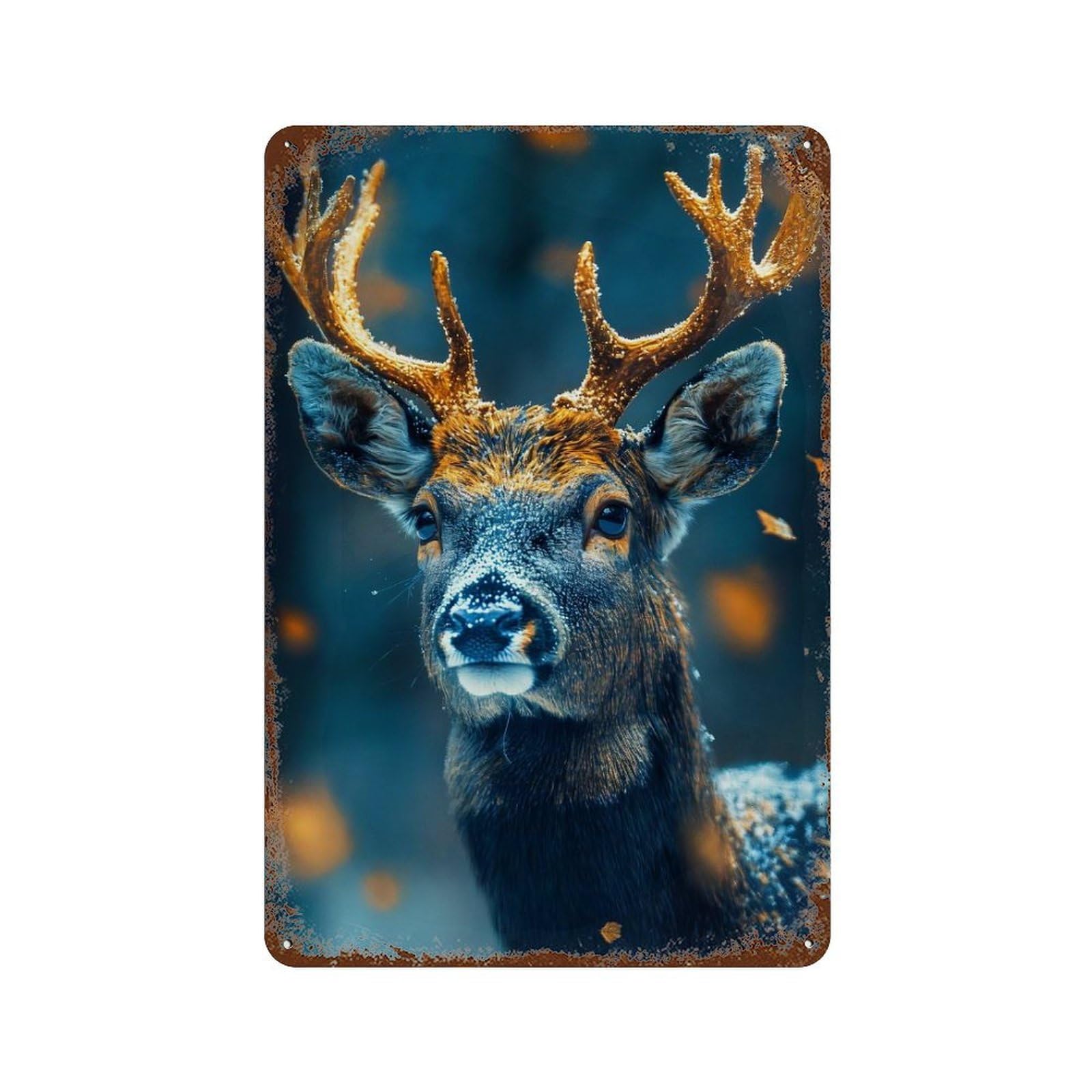 Decorative Tin Sign with Snowy Deer Portrait Design 11.8"x7.9", for Farmhouse, Kitchen And Entryway Decor, Old School Wall Decor
