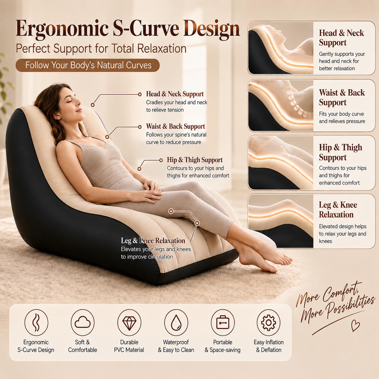 Aufblasbares Sexsofa für Paare, Sexkissen Sexspielzeug für Erwachsene, Ergonomisches S-förmiges Sexkissen als G-Punkt Positionshilfe, Sexspielzeug für Paare, Beflockter PVC Relaxsessel