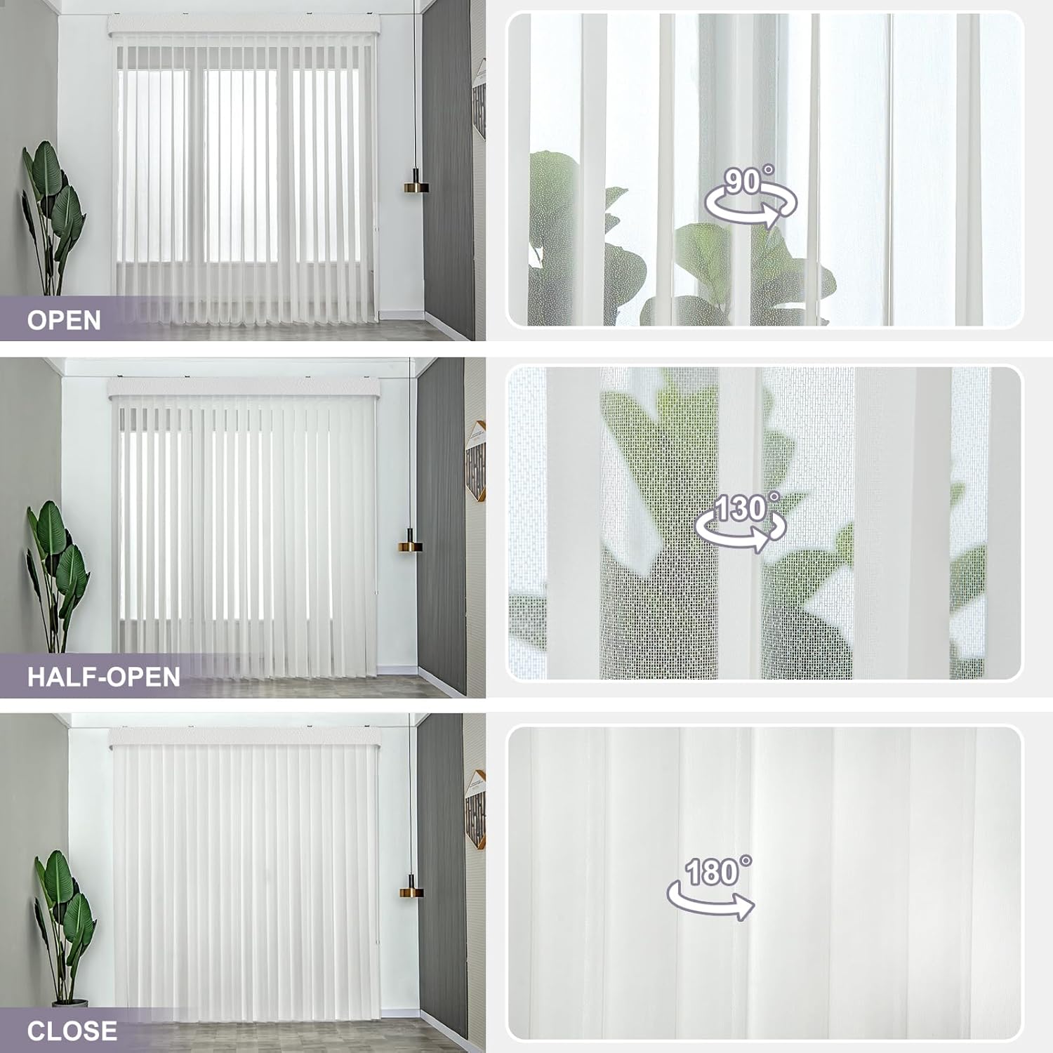 Graywind Manual Sheer Vertical Blinds Custom Size Adjust Light Fabric Sheer Free Wand Control Privacy Light Filtering Track Slats Set for Patio Sliding Glass Door Large Window (Snow)