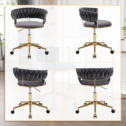 Miniatura 8 de GOOLON Silla de escritorio de terciopelo, moderna silla de oficina con ruedas, sillón giratorio para el hogar con respaldo tejido, asiento cómodo de