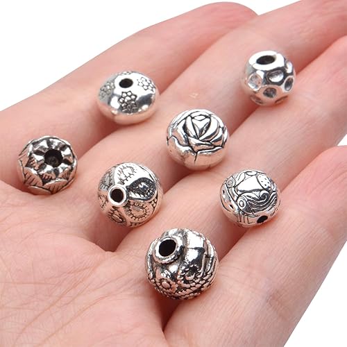 Miniatura 7 de Cuentas espaciadoras de plata antigua, 3.53 oz (alrededor de 40-60 unidades), cuentas sueltas tibetanas pequeñas redondas para hacer pulseras,