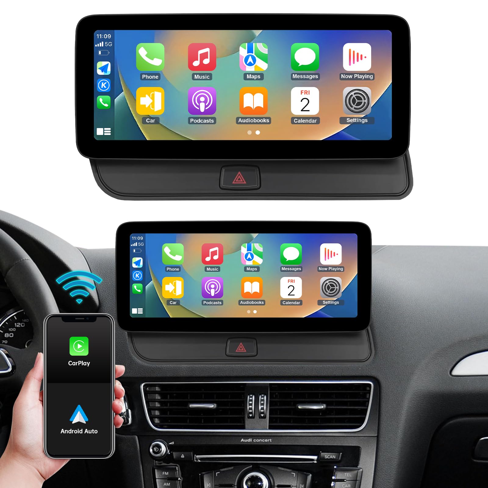 Car Radio 12,3 pollici touchscreen con Wireless Carplay e Android Auto per Audi Q5 2009-2017 con sistema 2G MMI+, supporta Mirrorlink, telecamera, navigazione