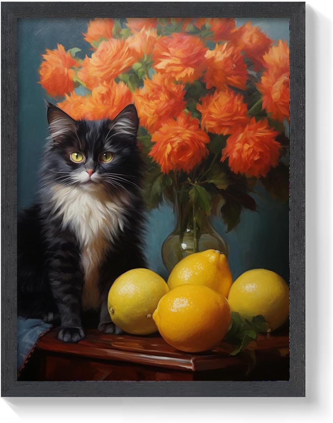 Chrysanthemums & Cat Art Print Framed Printing Wall Art