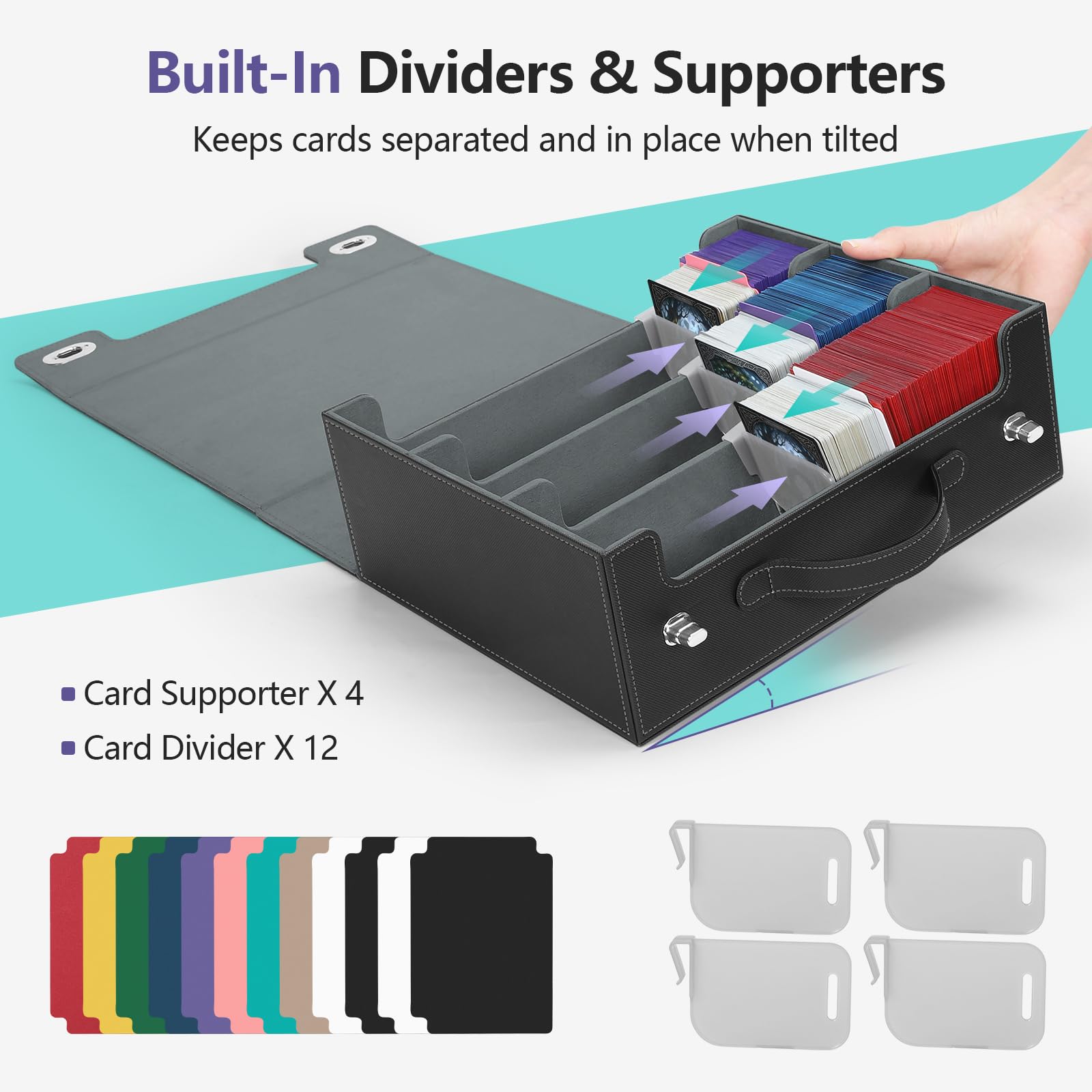 Euqvunn Deck Box avec poignée et verrou rotatif, peut contenir jusqu’à 2100 cartes sous pochette simple, inclut 4 supports de cartes et 12 séparateurs, compatible format 63 × 88 mm