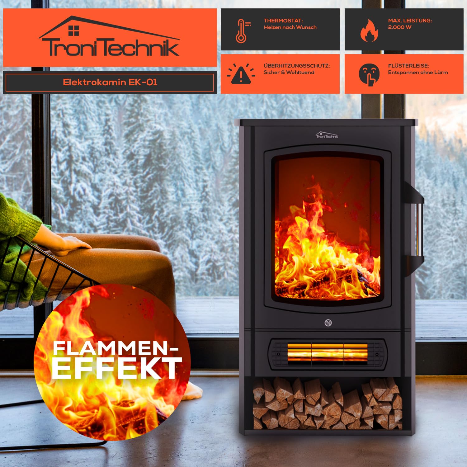 Tronitechnik® Elektrokamin elektrisch - Kaminfeuer mit LED Flammeneffekt, 1kW/2kW Watt Kamin, mit Thermostat Panorama-Sichtfenster Heizfunktion, 2 Heizstufen, mit Ventilation