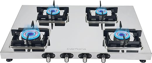 Everflame Prime Gas Stove| 4 Burner Stainless Steel Stove | Manual Ignition | LPG Stove | Gas-Saver | (1.2MM)-Thick SS Body | Brass Burner | ISI…