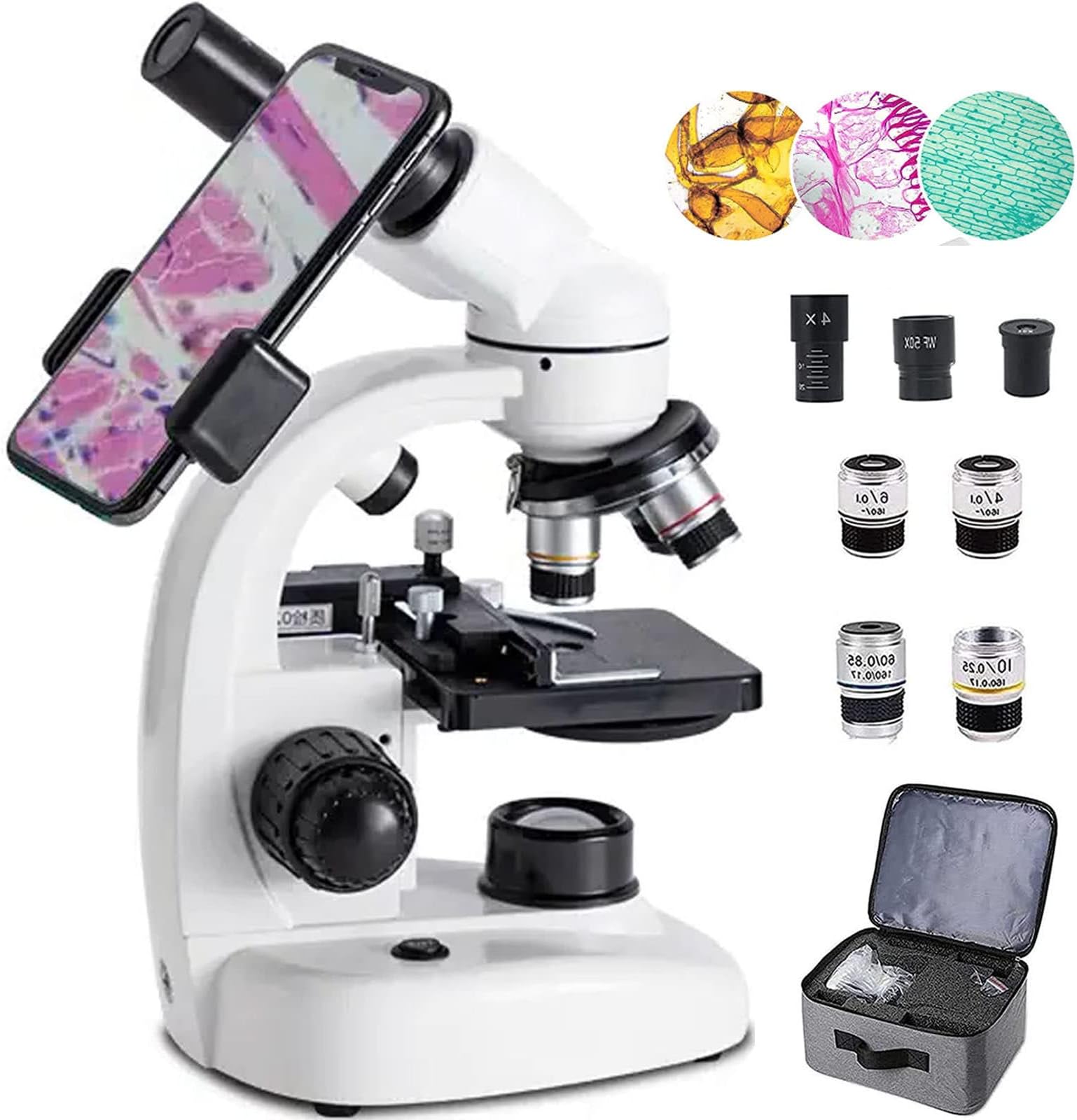 40x-10000x Binocular Compound Microscope, Led Lab Microscope- Wf10x And Wf50x Eyepieces,Dual Light Source+Mobile Phone Holder+Storage Bag,For Home Educational/Hobby Use,White (White)