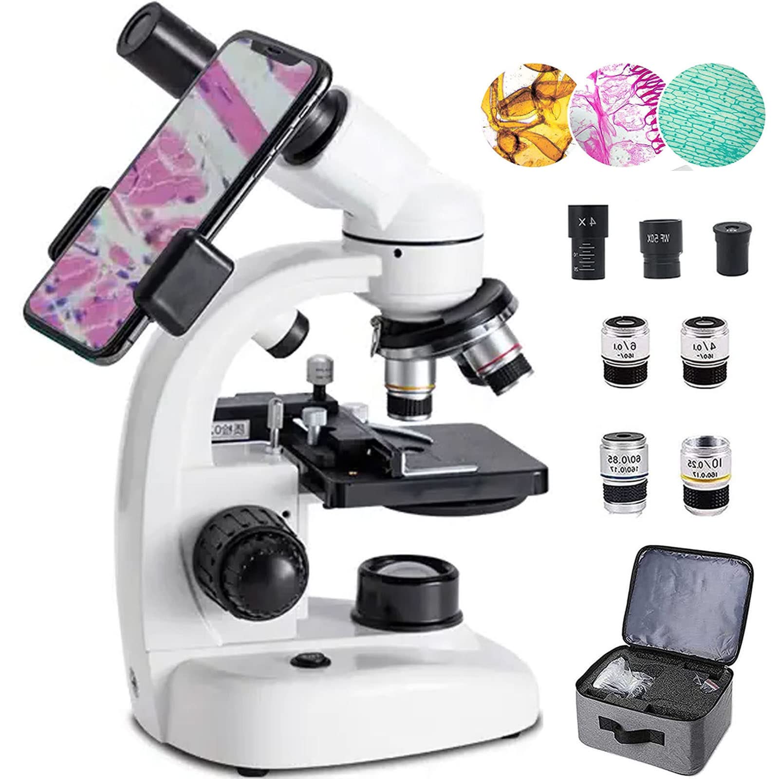 40x-10000x Binocular Compound Microscope, Led Lab Microscope- Wf10x And Wf50x Eyepieces,Dual Light Source+Mobile Phone Holder+Storage Bag,For Home Educational/Hobby Use,White (White)