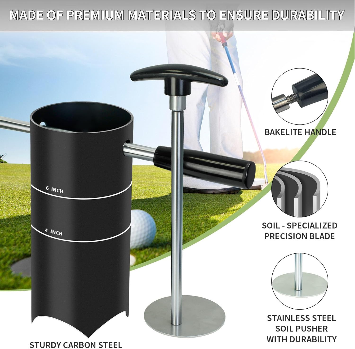 Diydeg Portable Golf Hole Cutter, Stainless Steel Golf Cup Cutter Effortless Hole Cutting Post Digger with Detachable Non Slip Handle for Lawn Garden Backyard Outdoor