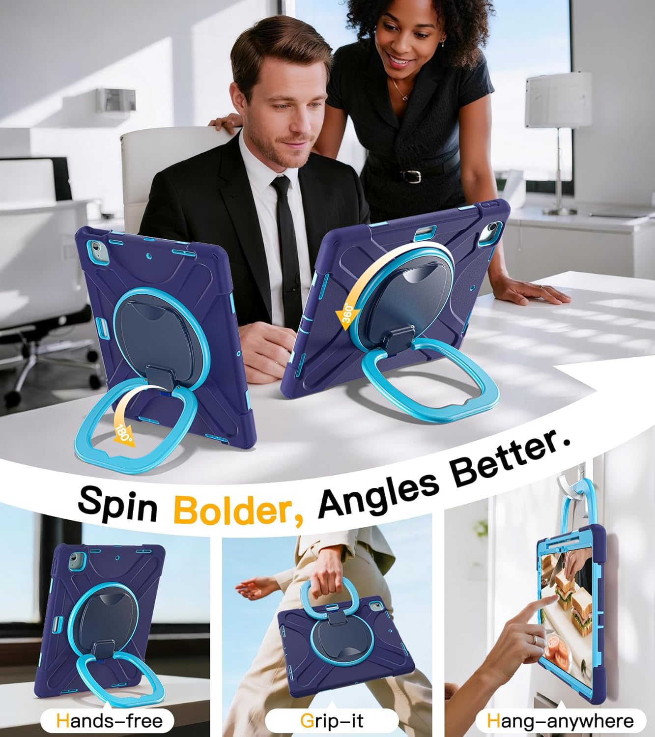 BRAECN for iPad Air 13 Inch Case M3 2025/ M2 2024, iPad Pro 12.9 (6th/5th/4th/3rd Gen), Heavy Duty Shockproof Cover w/Pencil Holder, Rotating Handle Grip, Stable Kickstand, Shoulder Strap, Navy Blue - Image 4