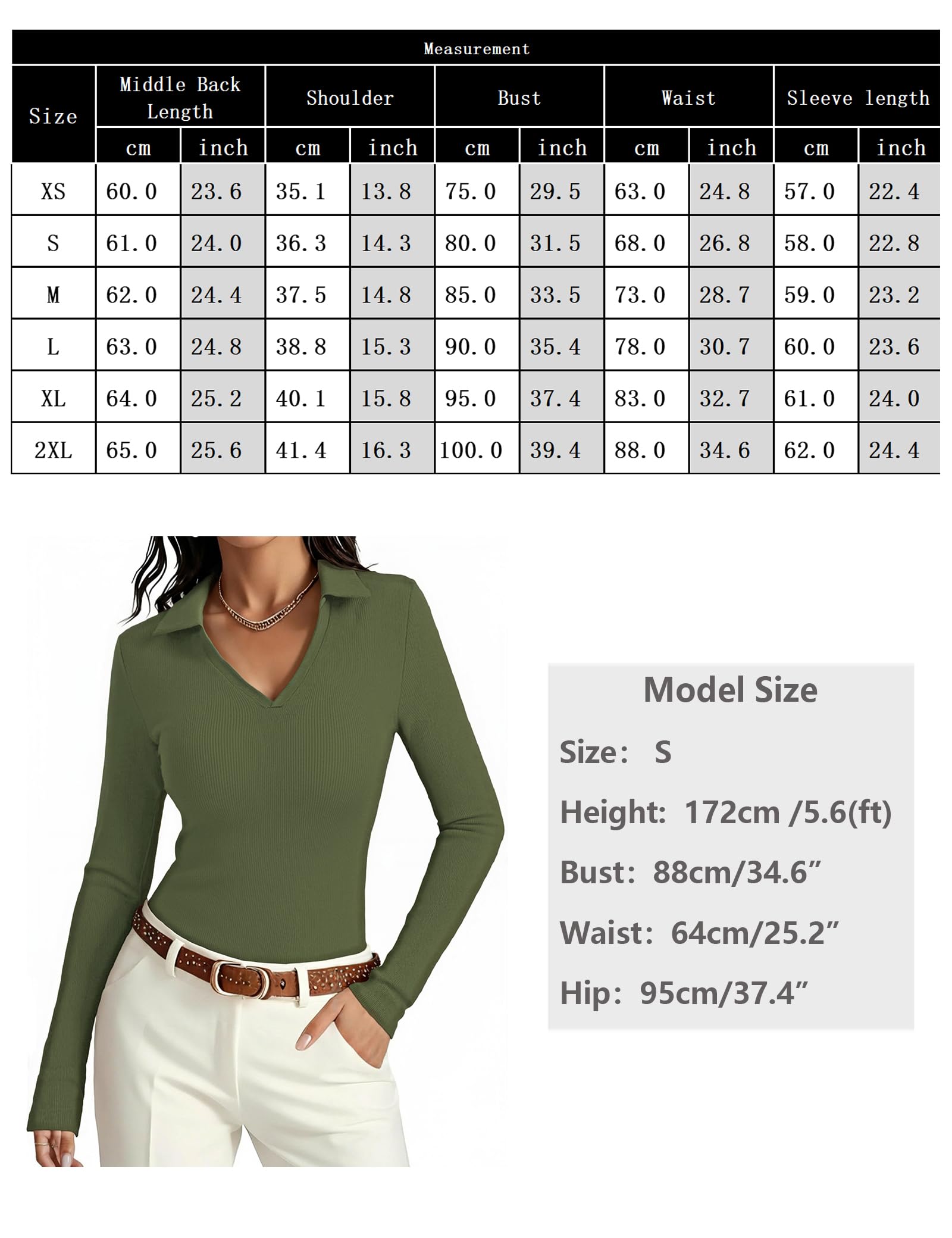 Aottori Polo Femme Manches Longues Col en V T-Shirt Élégant Côtelé Extensible Haut Slim Fit Sexy Pull Basic Décontracté Top