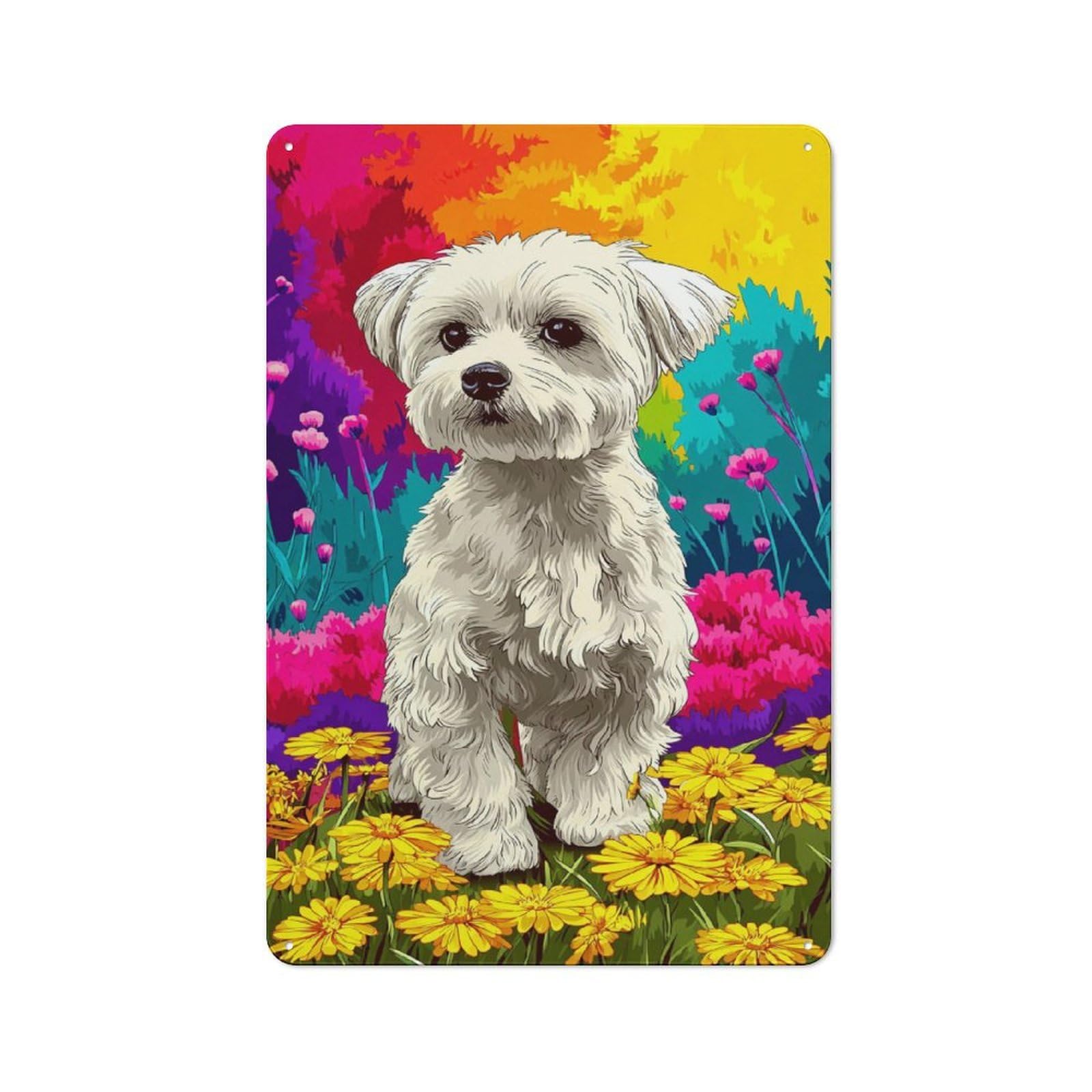 Junmoney Colorful Floral Field With White Dog Country Metal Sign With Design 30X20cm, Farmhouse Farmhouse Wall Decor For Kitchen, Cottage, Porch Or Garden Room