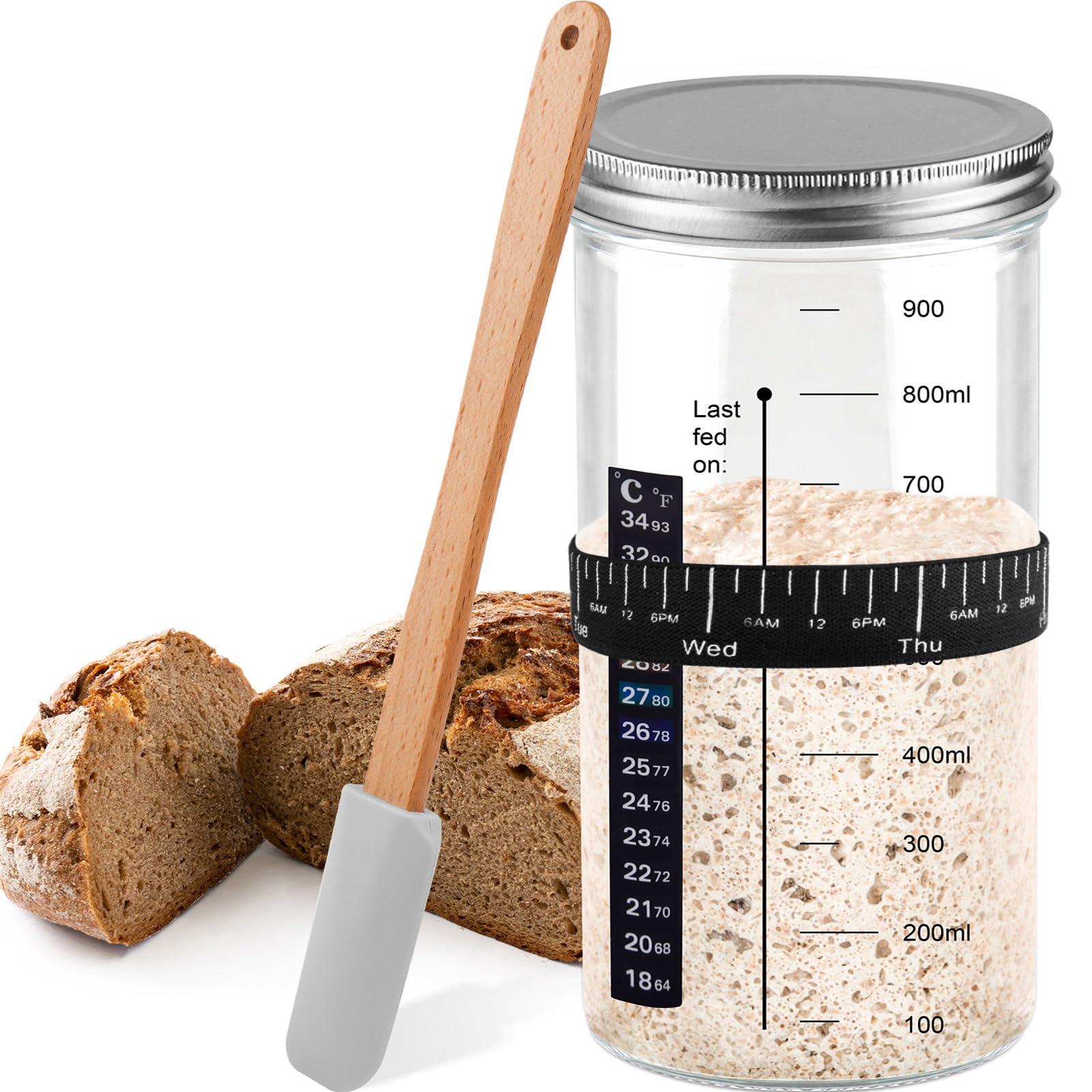 Tyniaide Sourdough Starter Jar, 1000ML Sourdough Starter Kit with Date Marked Feeding Band, Thermometer, Cloth Cover & Metal Lid, Reusable Sourdough Bread Baking Supplies, Home Baking Supplies