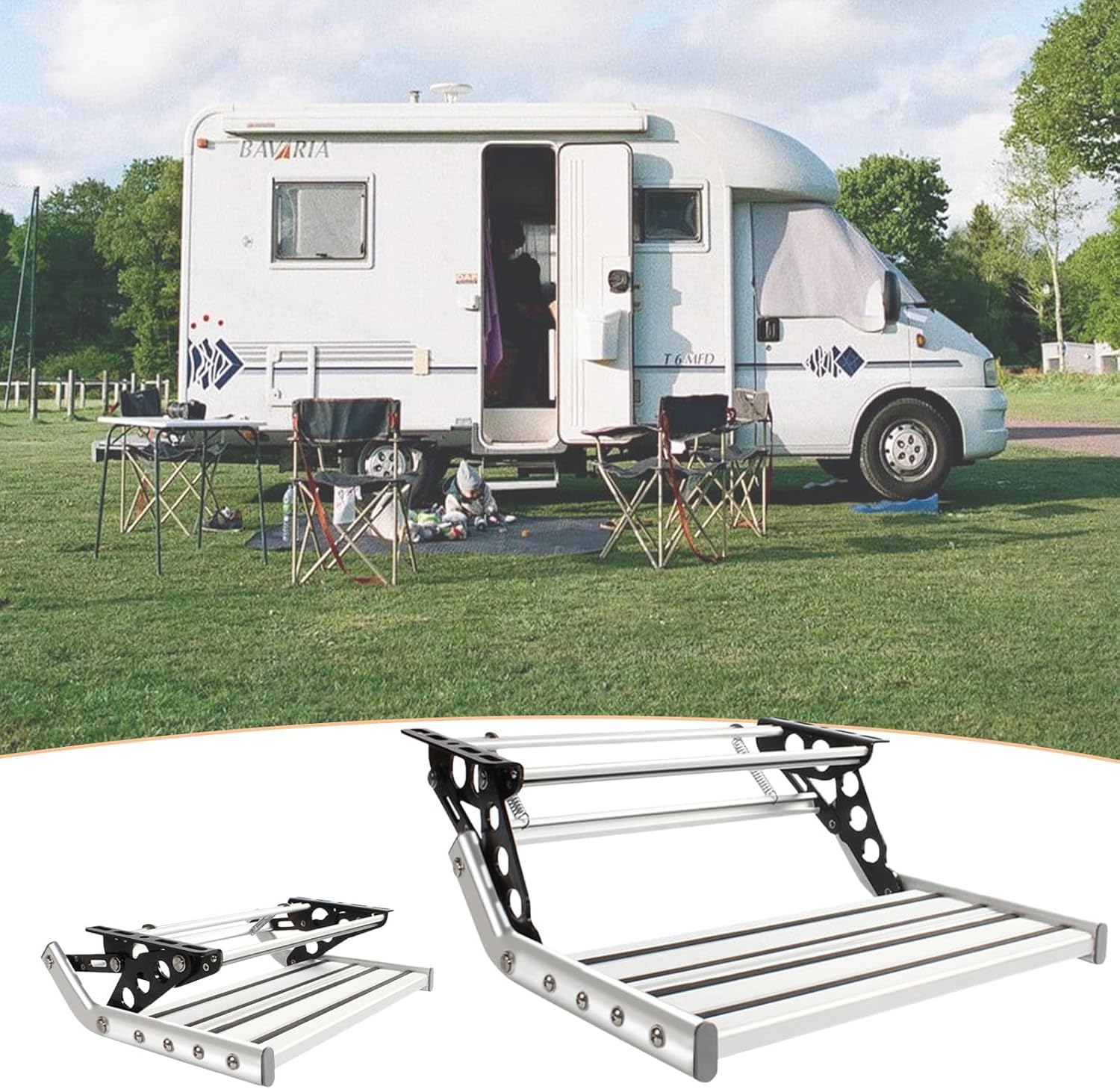 Escaleras Entrada Autocaravanas, Escalones Plegables Manuales Autocaravanas, Escalones Plegables Abatibles Manuales, Con Luz LED, Escalón Sólido, Plegable, Para Caravanas De Camping Silver-nolight