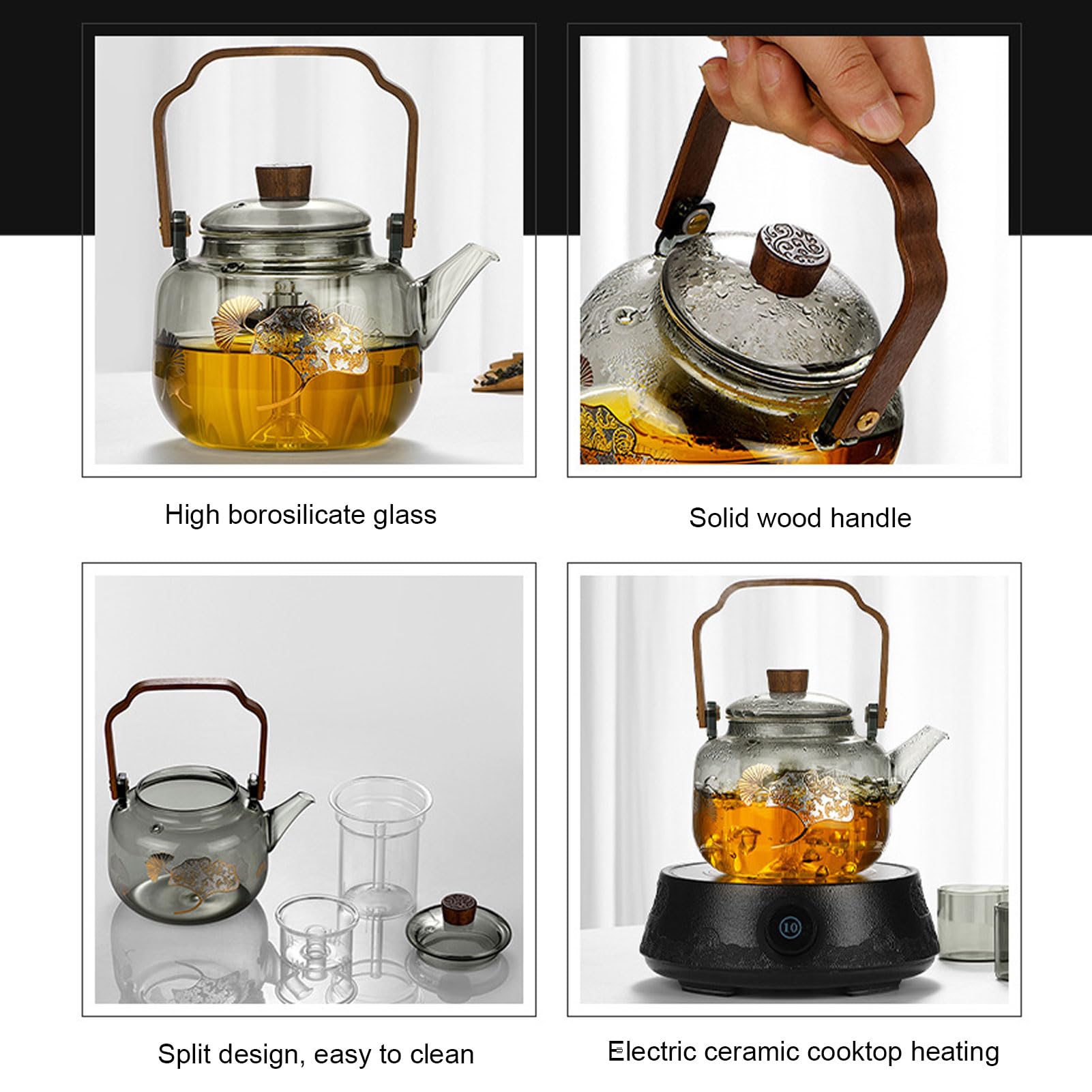Szklany Czajniczka z Wyjmowanymi Infuzorami 900 Ml Wysoka Borokrzewnik Kuchenna Bezpieczna Herbata Kettle Drewniana Rączka przezroczystą pokrywkę, na luźną herbatę, Kemping Produku