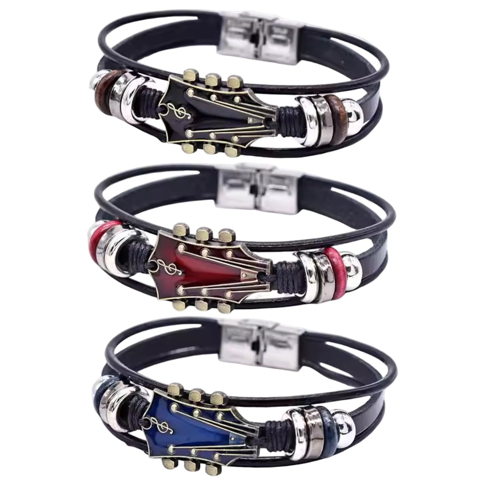 Guitar Bracelet|Guitar Bracelet for Men 3Pcs Black, Red & Blue Leather for Men with Alloy Head Adjustable Braided Daily/Performance Wrist Jewelry, Ideal Present