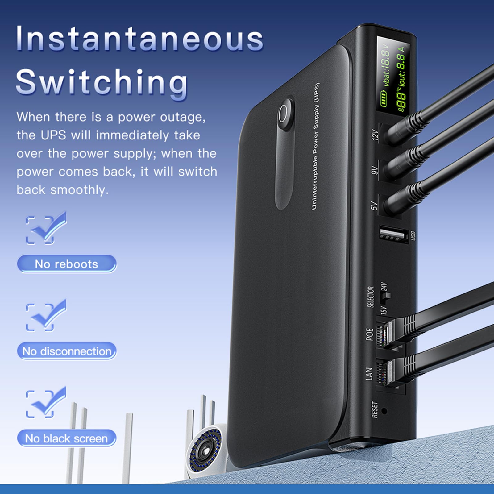 Denash Gruppo di continuità UPS 36 W, Batteria di Riserva Al Litio con Display a LED, Interfacce Multitensione, per Router, Fotocamere, Piccoli Dispositivi Elettronici, Alimentazione (Spina europea