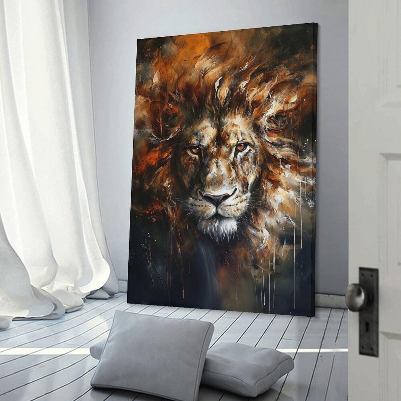 Junmoney Frame-Style-12 Lion Portrait Painting Decorative Wall Artwork 24X36inch(60X90cm), For Corridors, Hallways Or Apartment Entries, Home Artwork For First Impressions