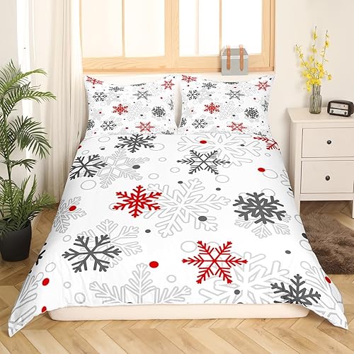 Juego de funda de edredón de copo de nieve, diseño de Feliz Navidad, tamaño King, funda de edredón con temática de invierno, 3 piezas, decoración de