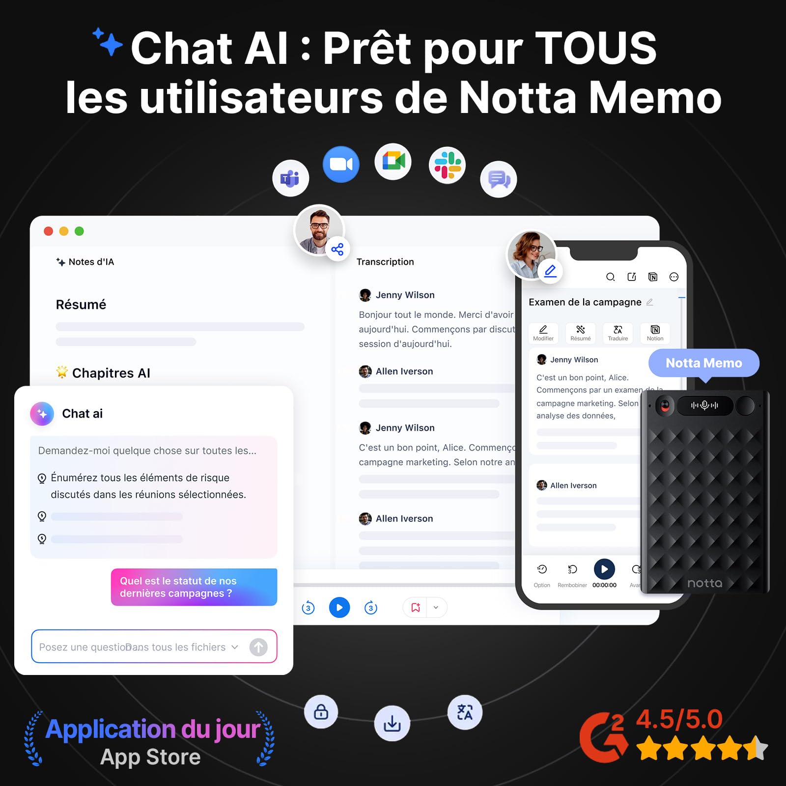 Enregistreur Vocal AI Notta Memo (Noir) avec Memo MagBridge, Transcription & Résumé AI 58 Langues, Mémoire 2000h, pour Appels/Réunions/Cours