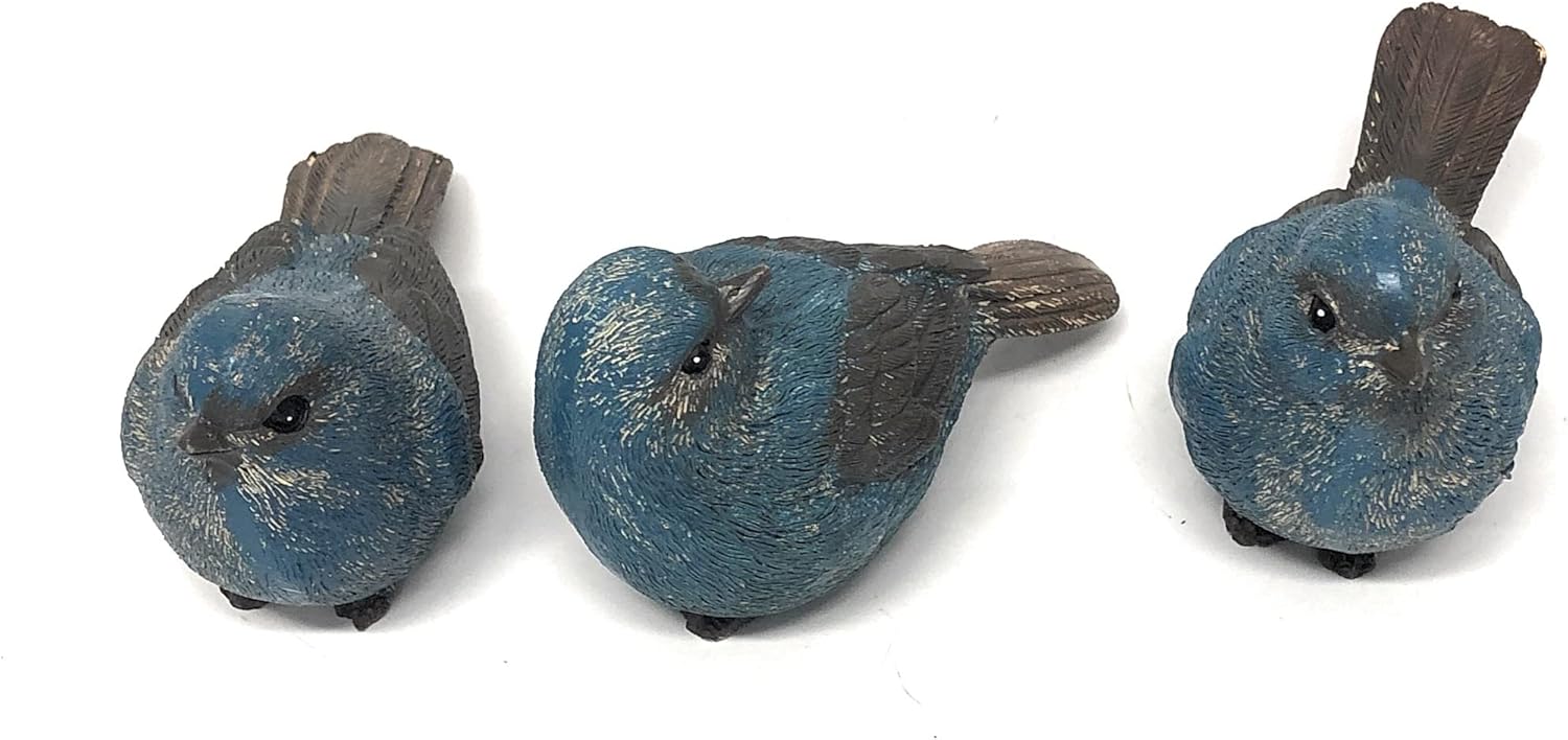 Set of 3 Small Bird Figurines, Weathered Blue 3 Poses, 4" Long , 2.25
