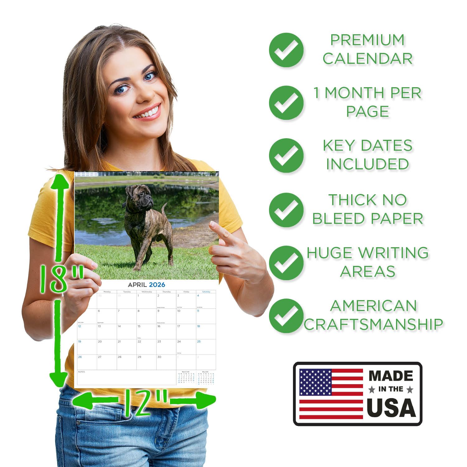 Calendario mensual de pared 2024 2025 con diseño de toro mastín – Calendario mensual de pared de raza de perro – 12 x 18 pulgadas abierto – Papel grueso que no se corre – Regalo – Planificador
