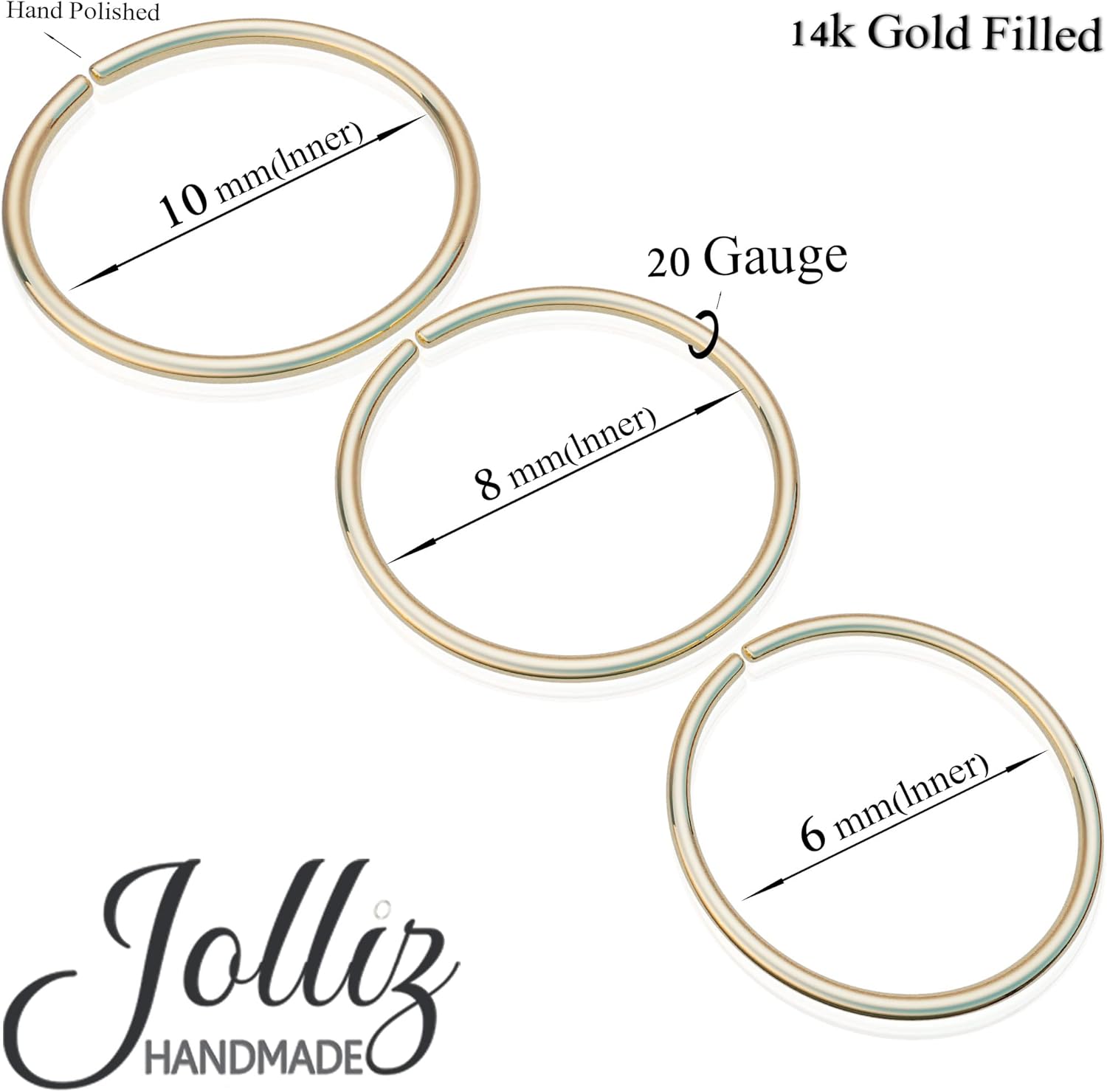 Jolliz 3 Pack Gold Hoop Piercings - Dainty 14K Gold Filled Multifunction Hoops For Piercings - 20 Gauge Gold Rings – 10mm 8mm 6mm – Body Jewelry Piercing Hoops – Gift Ready Purchase - Image 8