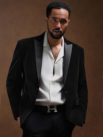 MAGE MALE Men's 2 Piece Velvet Suit Peak Lapel One Button Slim Fit Tuxedo Blazer Party Dinner Jacket & Pants