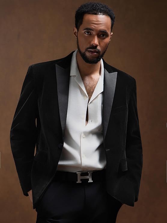 MAGE MALE Men's 2 Piece Velvet Suit Peak Lapel One Button Slim Fit Tuxedo Blazer Party Dinner Jacket & Pants