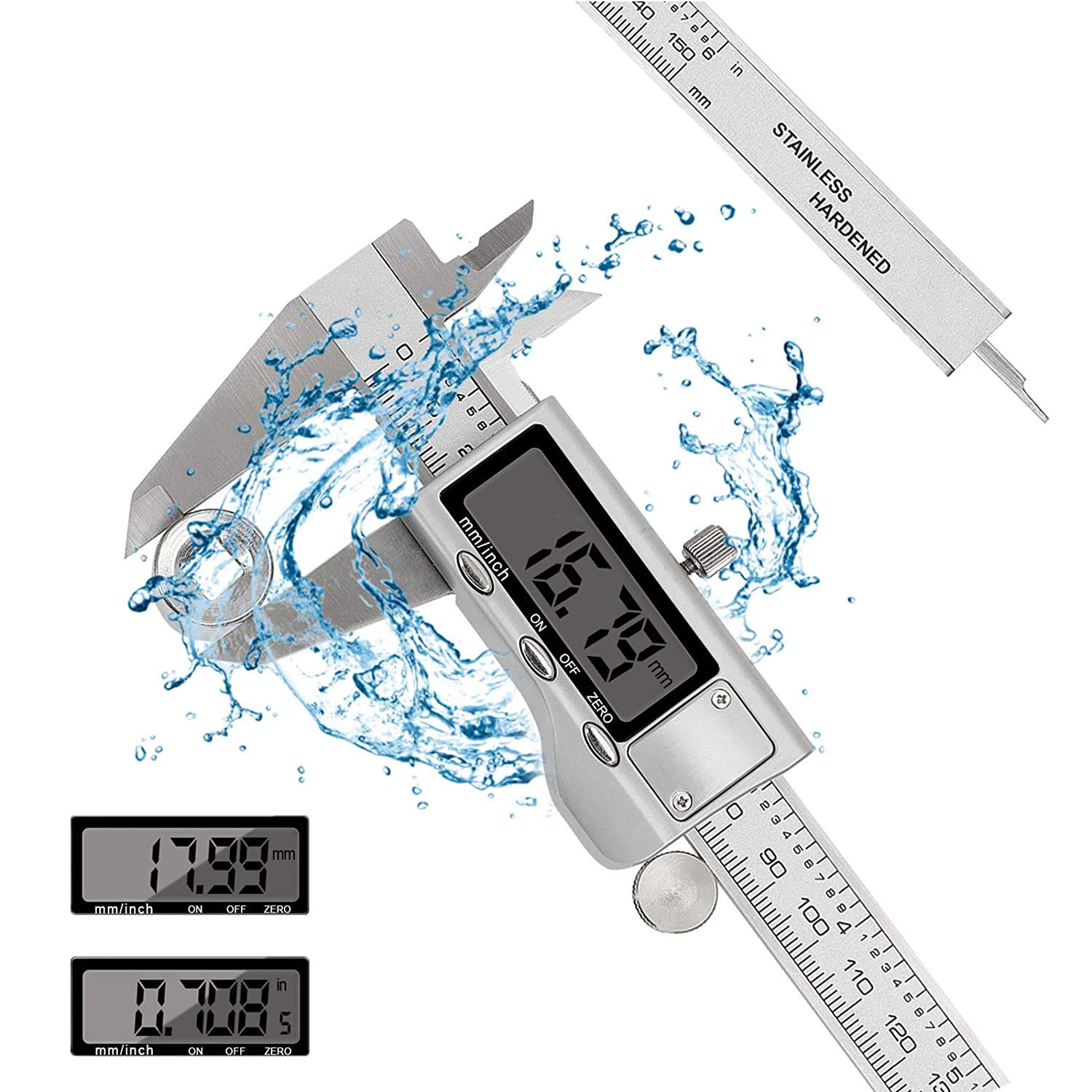 Pie de Rey Digital, Calibre Digital 100/150/200/300mm Pulgadas de Acero Inoxidable,calibrador Micrómetro con gran pantalla LCD,Profesional Medición de Diámetro Interior,Exterior,Profundidad y Escalera