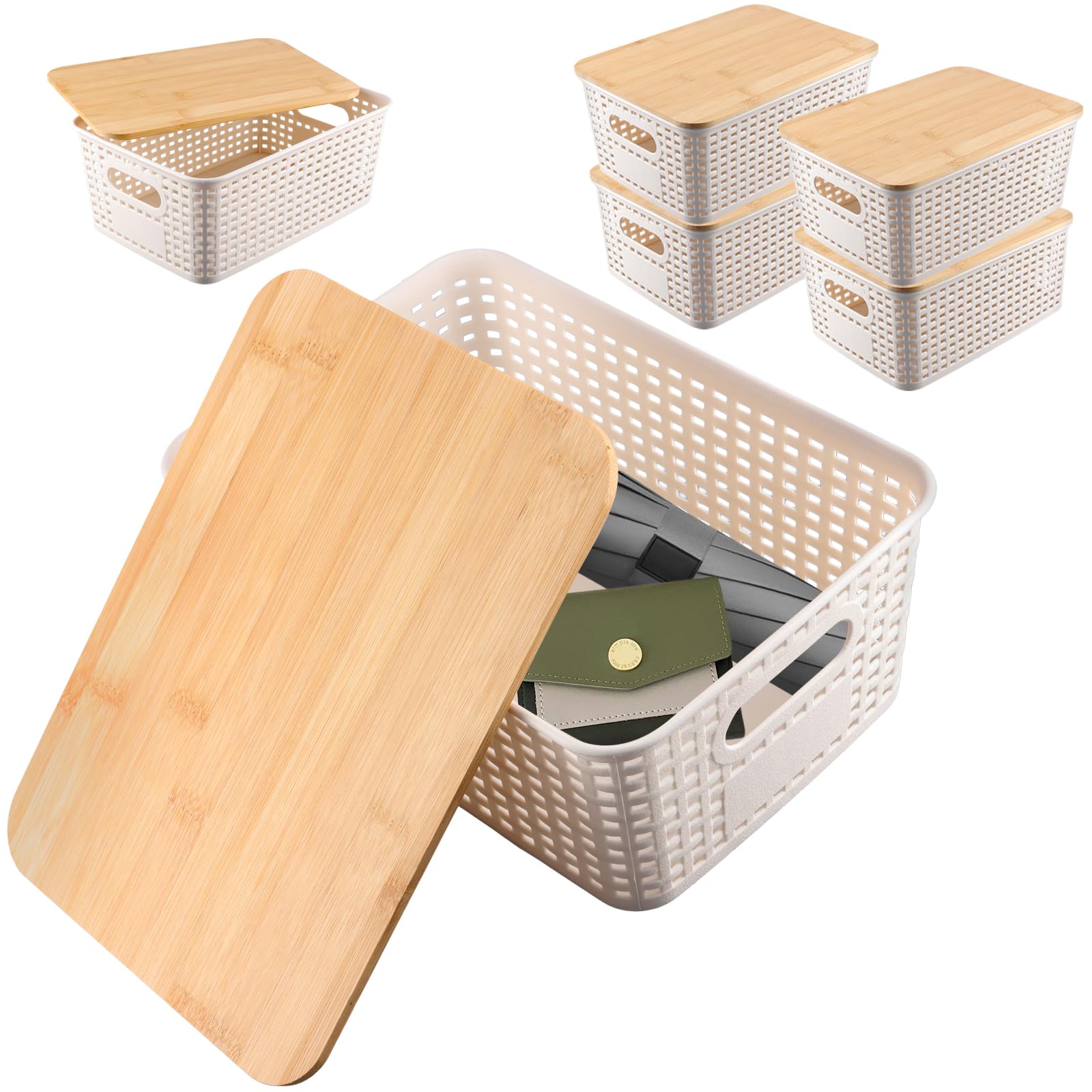 JIEHIN 6 cajas de almacenamiento con tapa de bambú, 25 x 18 x 10 cm, caja de plástico blanca, cesta de ratán, apilable, con asa, para cocina y baño