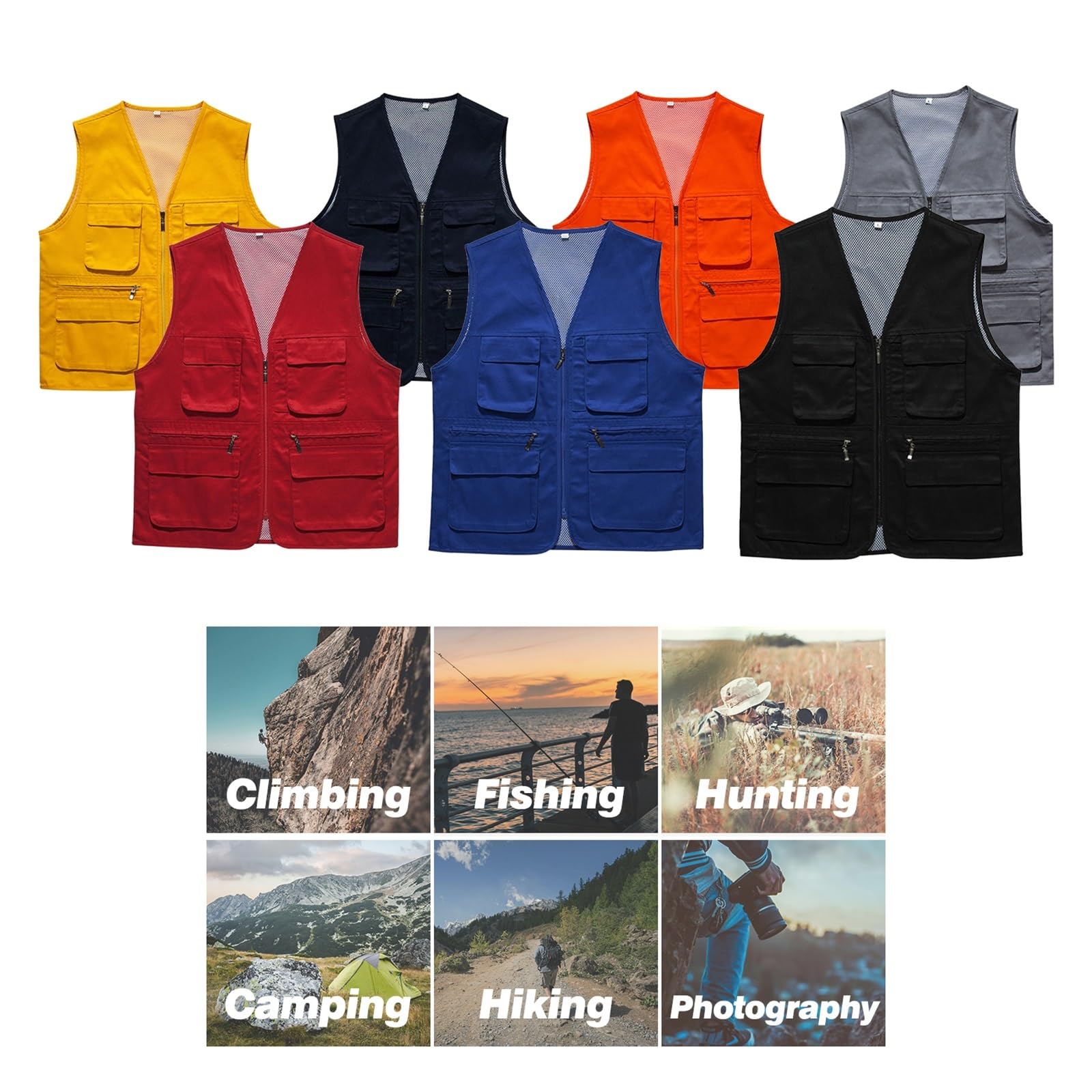 CLSQLXYJZC Gilet Pesca Uomo Per Attività All'aperto, Gilet Da Uomo Estivo Da Lavoro Safari Viaggio Foto Zip Scollo A V In Rete Traspirante, Giacca Antivento Impermeabile Con Cerniera All'aperto