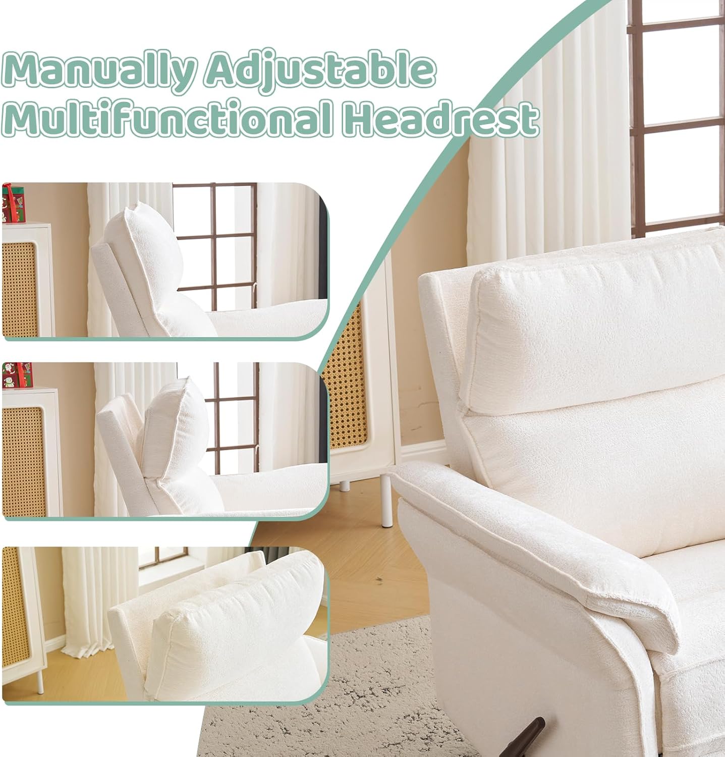 Oversized Rocking Chair Nursery with Adjustable Headrest, 26" Extra Wide Glider Recliner Nursery Chair for Nursery, 360° Swivel Rocker Recliner with Overstuffed Armrest, White White Oversized glider rocking chair image 6 of 9 B0F9YKZ4XF