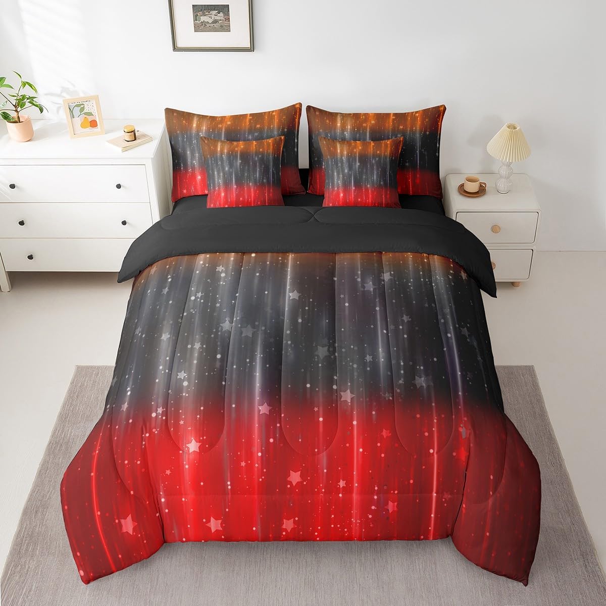 Black Orange and Red Queen Comforter Set 7pcs Abstract Glowing Gradient Bedding Comforter Sets for Boys, Aesthetic Ombre Bed in a Bag Modern Neon Lights Bedding Set, Psychedelic Stars Bed Sheets Set