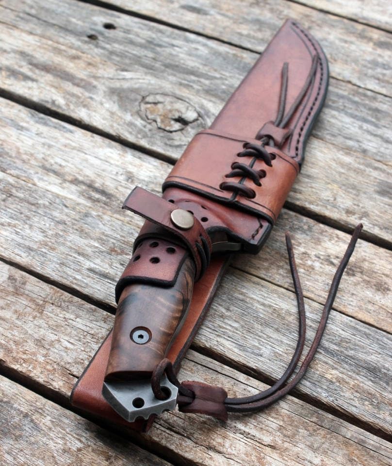 Miniatura 5 de Alfamart Cuchillo de lazo de caza de caza de acero al carbono hecho a mano con funda de piel y mango de madera.