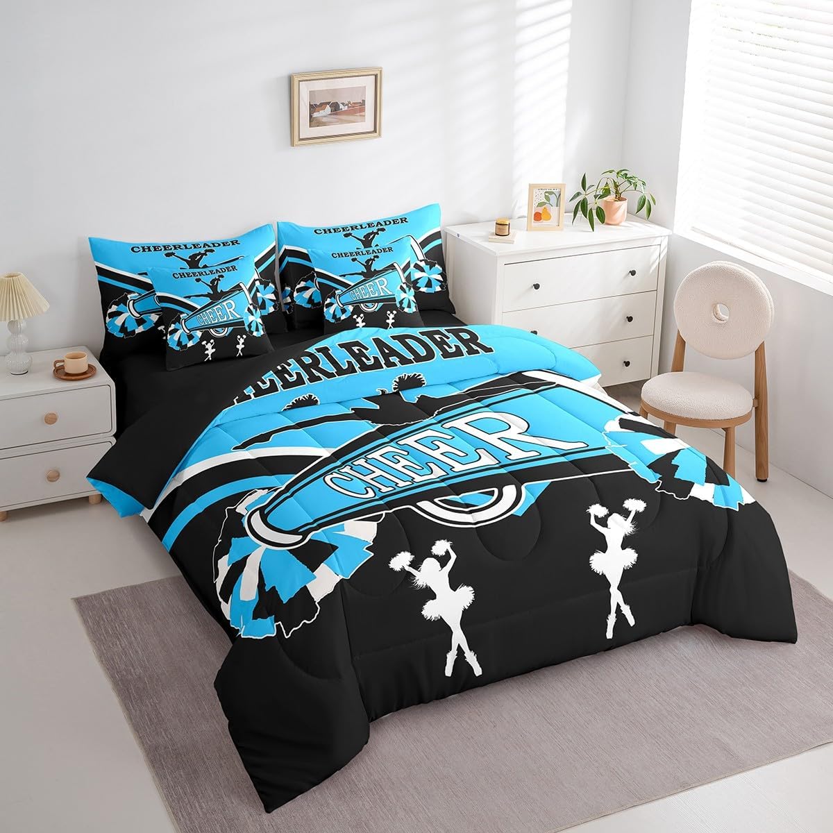 Cute Cheerleader Twin Comforter Set 7-Piece Black and Blue Bedding Comforter Sets, Cheerleading Bed in a Bag Dancer Theme Bedding Set, Cheerleading Dance Bed Sheets Set for Girls Bedroom Decor