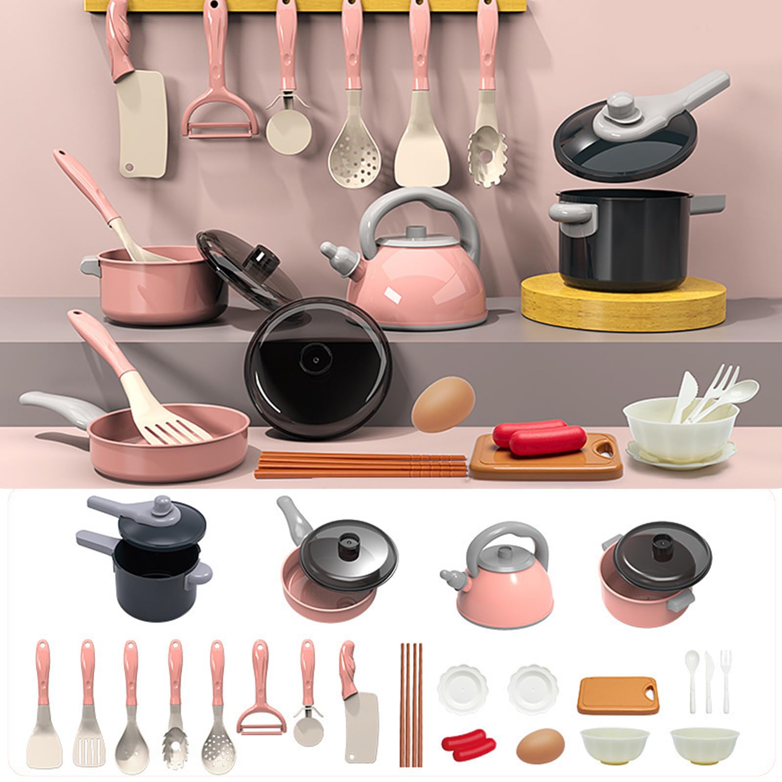Kid Cooking Sets, Mini Kitchen Food Making Kit Educational Toy for Children, Montessori Cooking Tools with Dishes Set (pink)