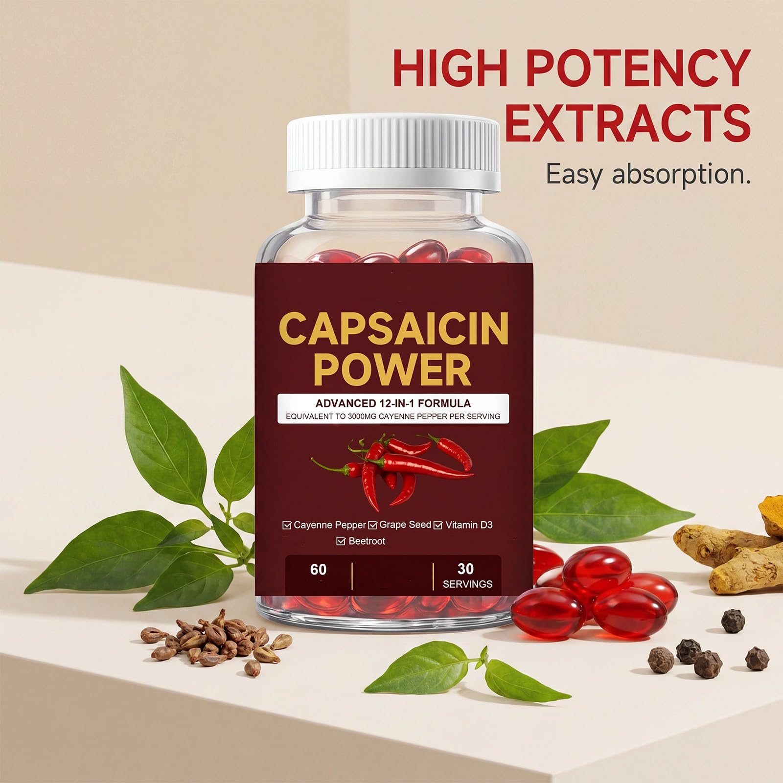 Ekstrakt z kapsaicyny 60count | Pieprz cayenne, wspomaga trawienie i krążenie, z witaminą D3+K2, bez GMO i bez glutenu