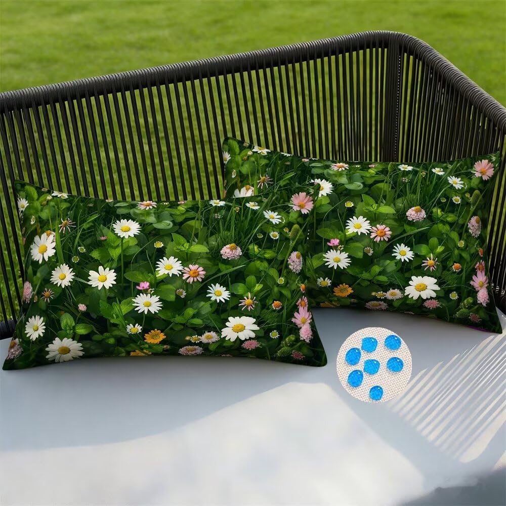 Outdoor Cushion Covers 20 x 30 cm Spring Summer Garden Cushions Waterproof Cushion Cover 2 pack Decorative Pillows Green Wildflowers Throw Pillow Case for Patio Garden Sofa Chair 8x12 Inch -SC363