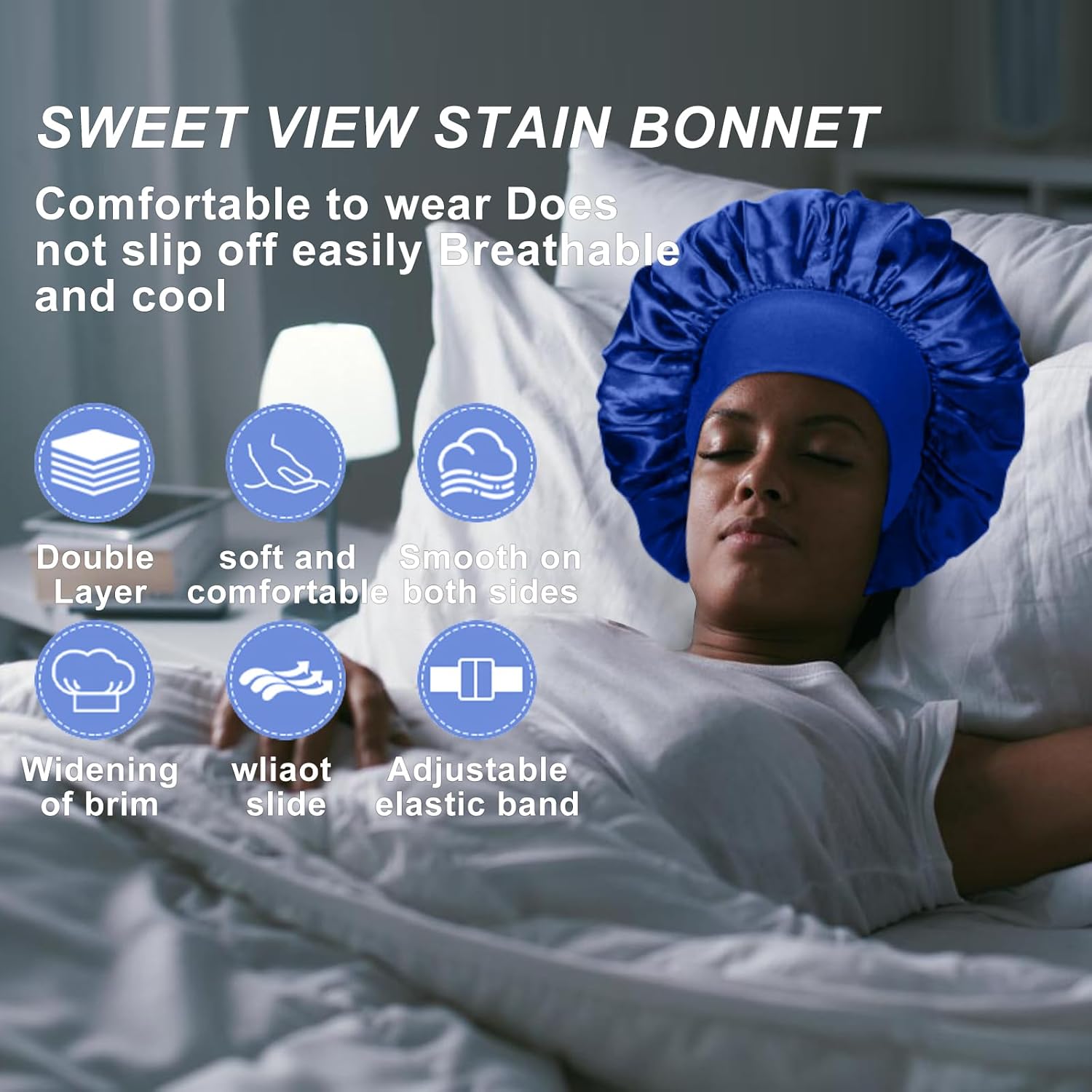 4PCS Silk Bonnet for Sleeping - Satin Hair Wrap Cap for Black Women Men, Curly Hair - Elastic Wide Band Shower Cap (Black, Sapphire Blue, Green, Purple) - Image 5