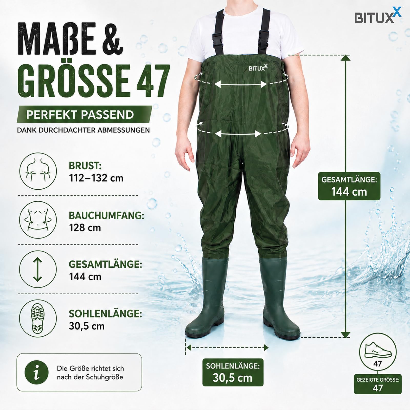 Wathose Anglerhose Watstiefel Watt Fisch Teich Gummi PVC Nylon Gr. 47