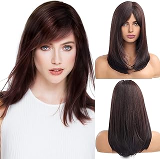 باروكة شعر طويلة بقصة متدرجة وجذور داكنة للنساء مع غرة من ايسيف، لون بني