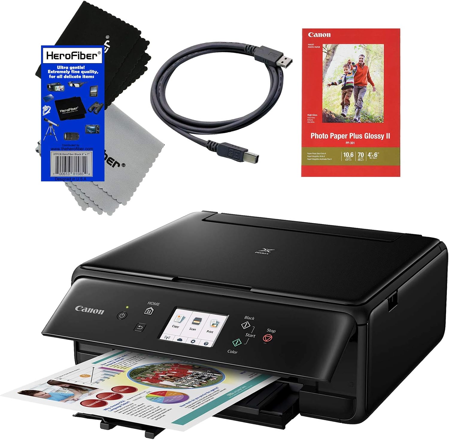 Canon Pixma TS8020 Wireless All-in-One Printer with Scanner, Copier & 4.3" Touch Screen (Black) + Set of Ink Tanks + Photo Paper Sample + USB Printer Cable + HeroFiber Ultra Gentle Cleaning Cloth