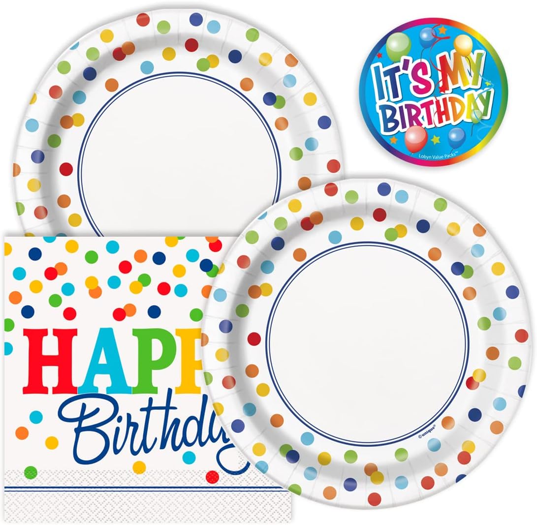 Lobyn Birthday Party Plates and Napkins Vibrant Birthday