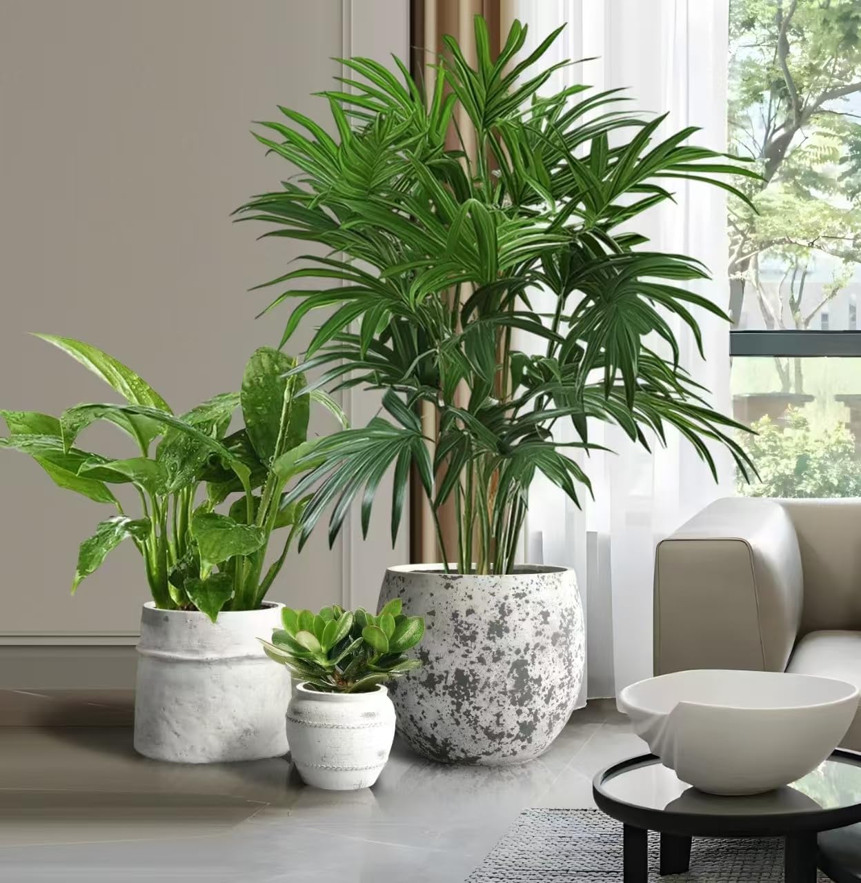 Craft flowerpots 18"+13"+9" Dia Round Concrete Planter Set of 3 Large Outdoor/Indoor Planter Pots Containers with Drainage Holes and Rubber Plug for Home Garden (White, Large)