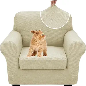 XINEAGE New 2 Pieces Chair Covers with Arms Super Stretch Chair Slipcover for Living Room Pet Dog Universal Slip Cover Anti Slip Armchair Furniture Protector (Light Beige), 31"-46"(1 Cushion)