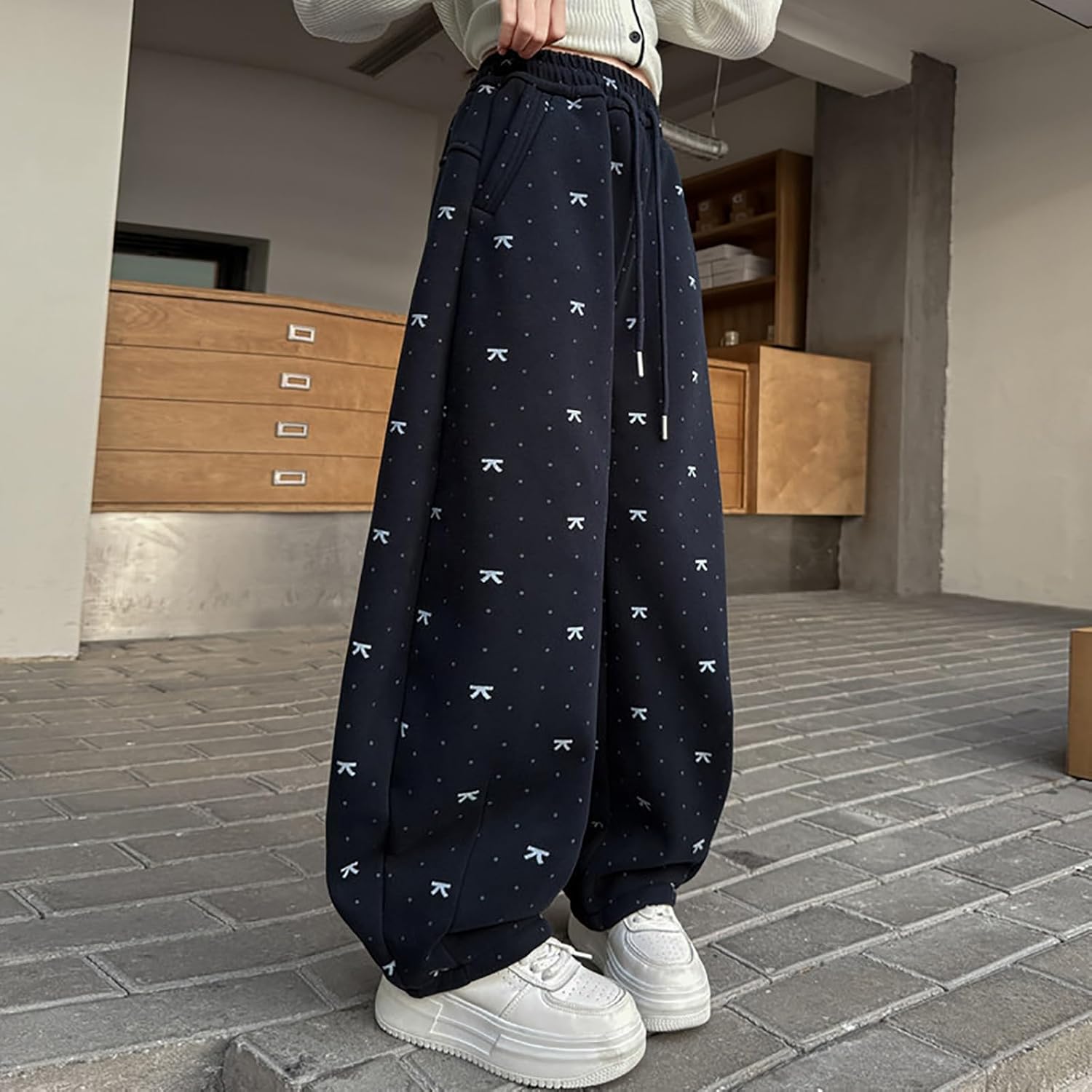 Girls Polka Dot Sweatpants Kids Casual Drawstring Wide Leg Joggers Teen Spring Baggy High Waist Straight Track Pants