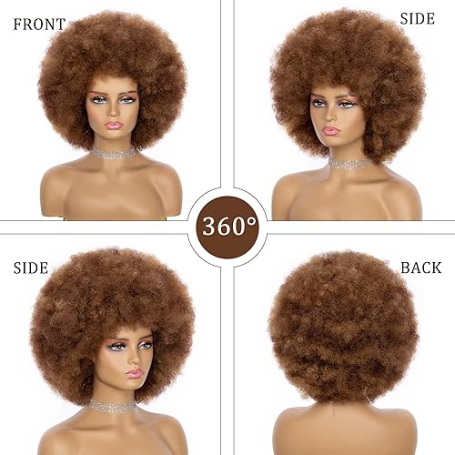 Miniatura 2 de Peluca afro para mujer, mezcla de color marrón de los años 70, pelucas afro de aspecto natural enorme afro rizadas con flequillo, peluca rizada afro
