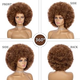JSDshine Afro Wig For Women - Mix Brown 70s Afro Wigs Natural Looking Huge Afro Kinky Curly Wigs With Bangs Short Bouncy Soft Afro Puff Wig Synthetic Hair Afro Wig For Daily Party Use